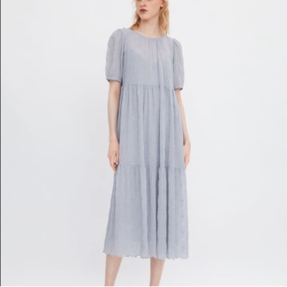 NWT Zara Tiered Embroidered Boho Midi Dress Blue size Xsmall